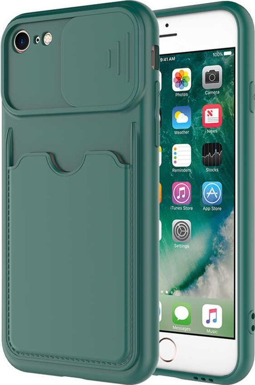 Apple iPhone SE 2020 Kapak Açılır Kapanır Kamera Korumalı Kartvizitli Kılıf - Koyu Yeşil
