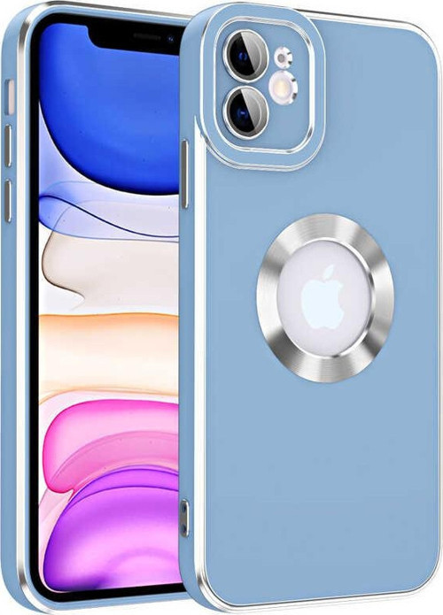 Apple iPhone 12 Kapak Mercek Korumalı Logo Gösteren Tasarım Silikon Kılıf - Mavi