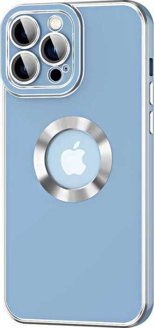Apple iPhone 12 Pro Kapak Mercek Korumalı Logo Gösteren Tasarım Silikon Kılıf - Mavi