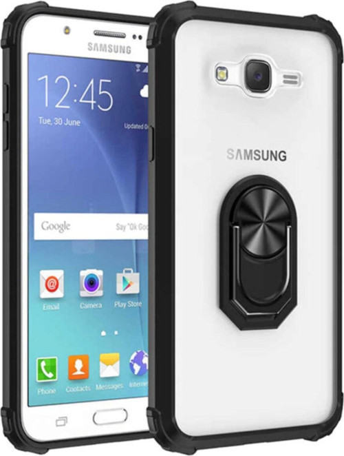 Samsung Galaxy J7 Core Kapak Şeffaf Yüzüklü Kenar Korumalı Standlı Kılıf - Siyah