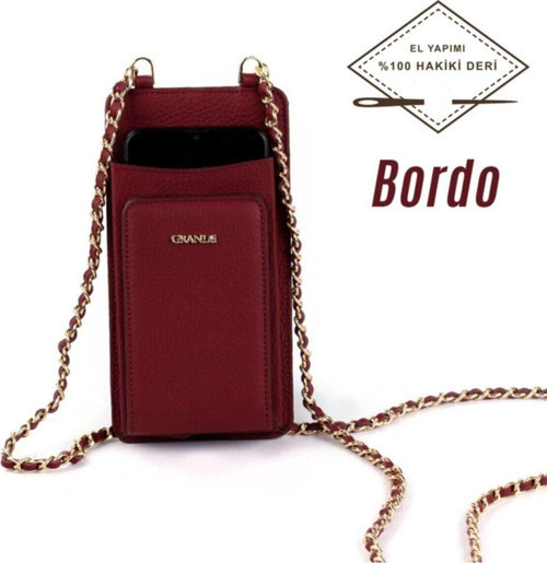 2783 Bordo Hakiki Deri Telefon Bölmeli Kadın Çanta