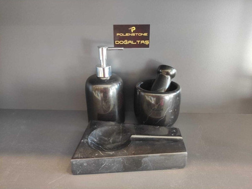 Toros Siyahı Mermer Sıvı Sabunluk ,Havan, Kaşıklık 3,Lü Set