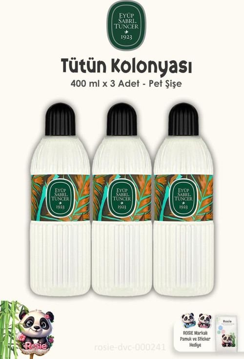 3 Adet Eyüp Sabri Tuncer Tütün Kolonyası Pet Şişe 400 ml ve %100 Pamuk ROSIE