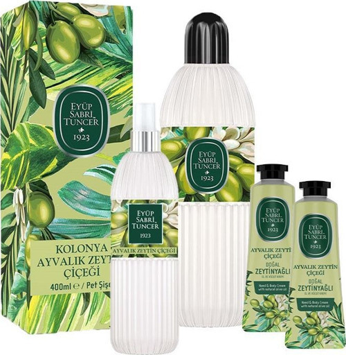 Ayvalık Zeytin Çiçeği Kolonyası 400 ML, 150 ml ve 2 Adet El ve Vücut Kremi 50 ml