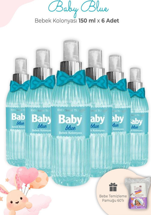 Baby Blue Bebek Kolonyası 150 ml x 6 Adet ve Kare Bebek Pamuğu