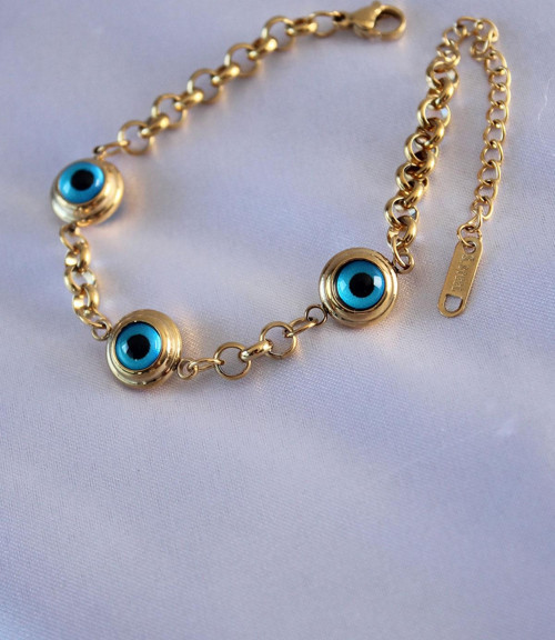 316L Çelik 3 Göz Nazar Model Gold Renk Kadın Bileklik - TJ-BB5485