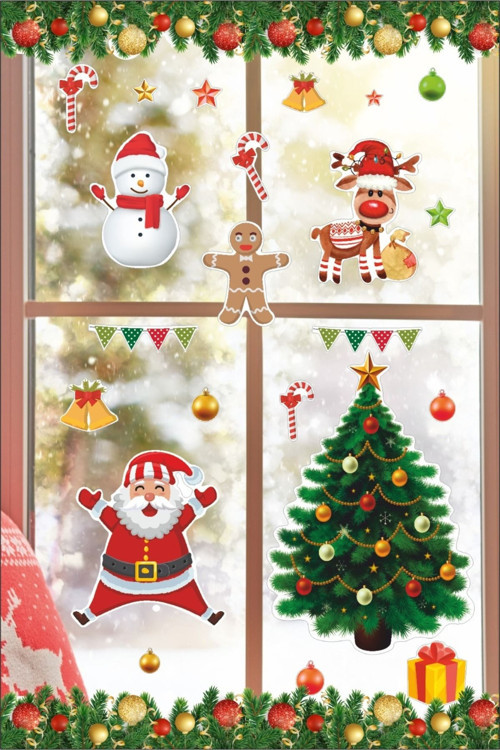 Yılbaşı Temalı Cam Sticker Seti Yeni Yıl Kapı Süsü Duvar Süsü Çocuk Bebek Odası Çam Ağacı Noel baba