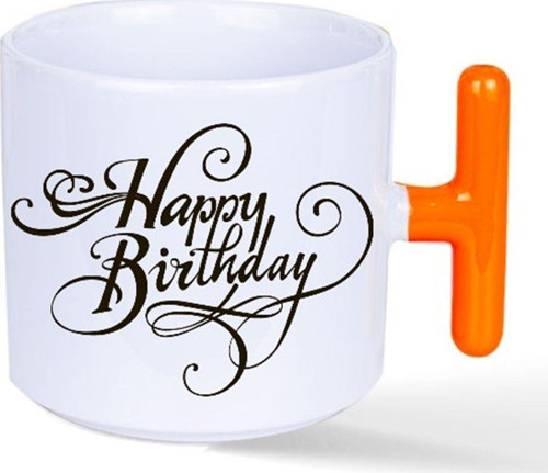 Kişiye Özel Happy Brithday Doğum Günü Özel Kulplu Süblimasyon Baskılı Porselen Kupa Bardak Turuncu T
