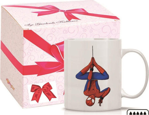 Kişiye Özel Spiderman Emoji Ve Kalp Kulplu Süblimasyon Kaliteli Baskılı Porselen Kupa Bardak Düz Kulp