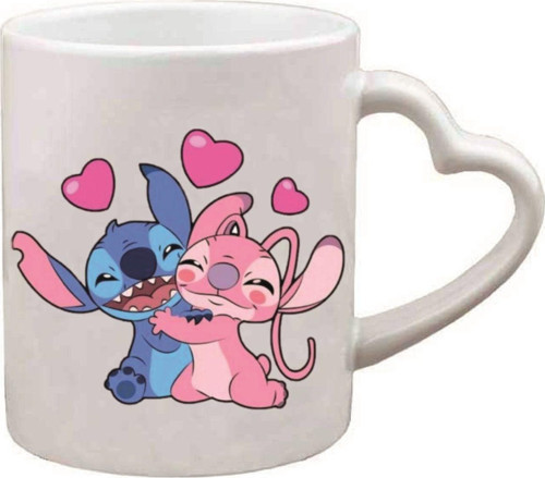 Kişiye Özel Stitch Ve Angle Emoji Kalp Kulplu Süblimasyon Kaliteli Baskılı Porselen Kupa Bardak Kalpli