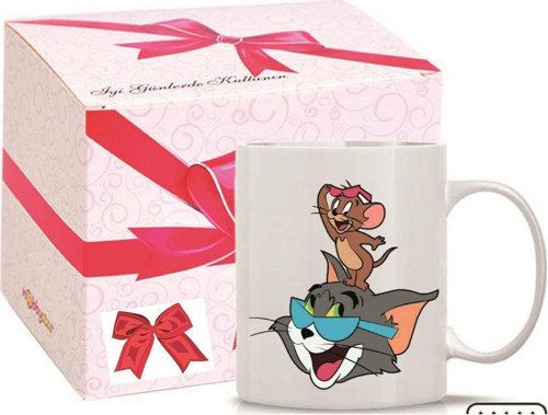 Kişiye Özel Tom Ve Jerry Emoji Ve Kalp Kulplu Süblimasyon Kaliteli Baskılı Porselen Kupa Bardak Düz Kulp