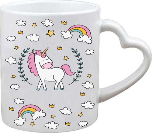 Kişiye Özel Unicorn Kalpli T Kulplu Süblimasyon Baskılı Porselen Kupa Bardak 300ml-185ml Kalp