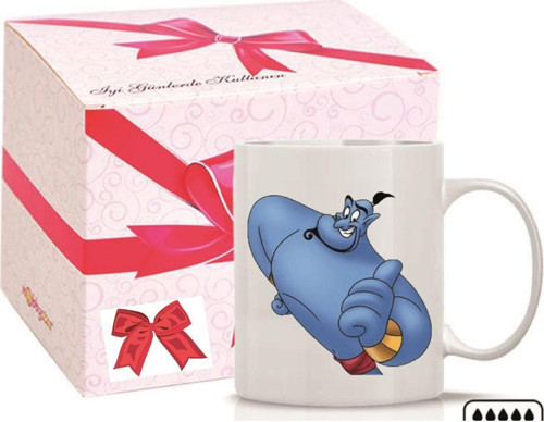 Kişiye Özel Aladdin Lamba Cini Emoji Ve Kalp Kulplu Süblimasyon Baskılı Porselen Kupa Bardak Düz Kulp