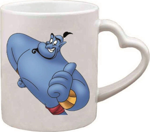 Kişiye Özel Aladdin Lamba Cini Emoji Ve Kalp Kulplu Süblimasyon Baskılı Porselen Kupa Bardak Kalpli