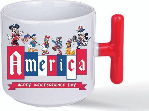 Kişiye Özel Amerika Disney Karakterler Kırmızı Kulplu Süblimasyon Baskılı Beyaz Kupa Bardak