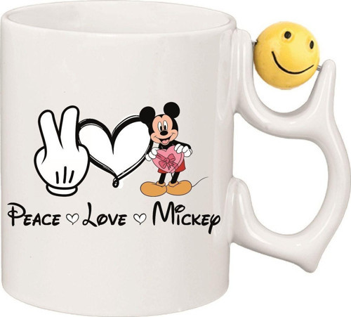 Kişiye Özel Love Micky Mouse Kalp Kulplu Özel Süblimasyon Kaliteli Baskılı Porselen Kupa Bardak Emoji Kulp