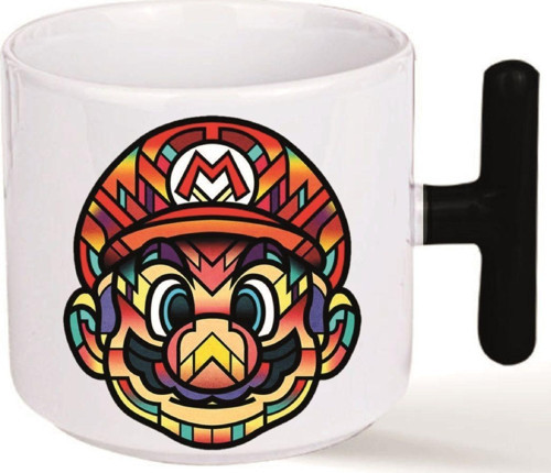 Nintenndo süper Mario çizim Emoji ve Kalp Kulplu Özel Süblimasyon Baskılı Porselen Kupa Bardak Siyah T