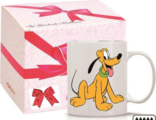 Kişiye Özel Mickey Köpeği Pluto Kalp Kulplu Süblimasyon Kaliteli Baskılı Porselen Kupa Bardak Düz Kulp