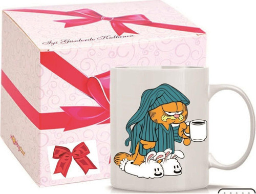 Kişiye Özel Coffee Kedi Garfield Kulplu Özel Süblimasyon Baskılı Porselen Kupa Bardak Düz Kulp