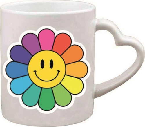 Kişiye Özel Rainbow Renkli Çiçek Kalp Kulplu Süblimasyon Kaliteli Baskılı Porselen Kupa Bardak Kalpli
