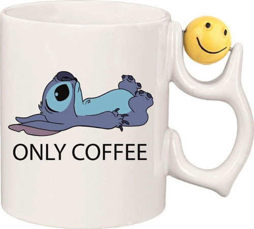 Kişiye Özel Coffee Stitch Kalp Kulplu Özel Süblimasyon Kaliteli Baskılı Porselen Kupa Bardak Emoji Kulp