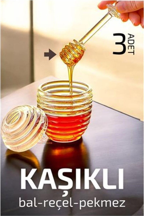 Kaşıklı Kristal Bal Kavanozu Reçel Pekmez Sos Kavanozu 3 Adet