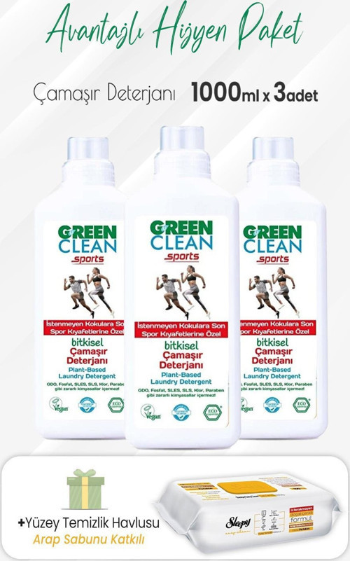 Çamaşır Deterjanı Sports 1000 ml x 3 Adet ve Arap Sabunlu Temizlik Havlusu