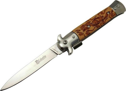 FS 12461 Kahverengi Çakı 23cm - Ejder İşlemeli Sap, Kemerlikli, Arkadan Tetikli