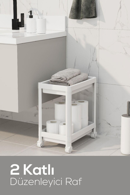 2 Katlı Tekerlekli Düzenleyici Raf - Banyo Dolabı Mutfak Tezgah ve Evye Altı Düzenleyici Beyaz