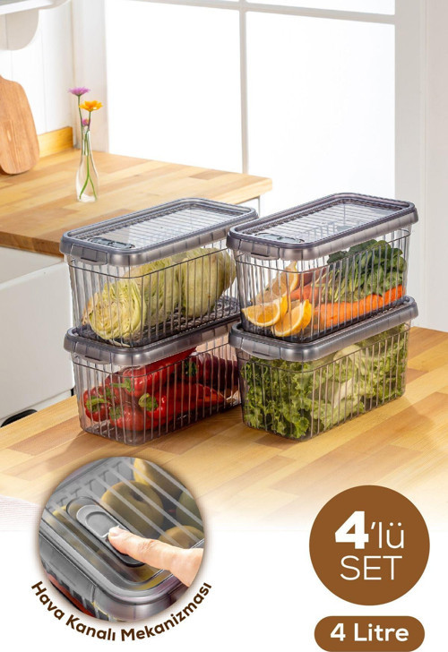 4lü Kendinden Çizgili Kilitli Kapaklı Saklama Kabı Seti 4 Litre