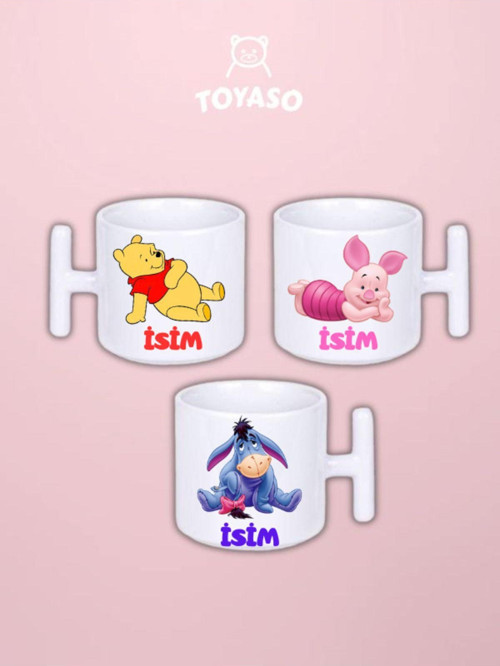 Kişiye Özel Winnie The Pooh Baskılı 3'Lü Elyapımı T Kulplu Fincan Kupa Seti (3 Adet)