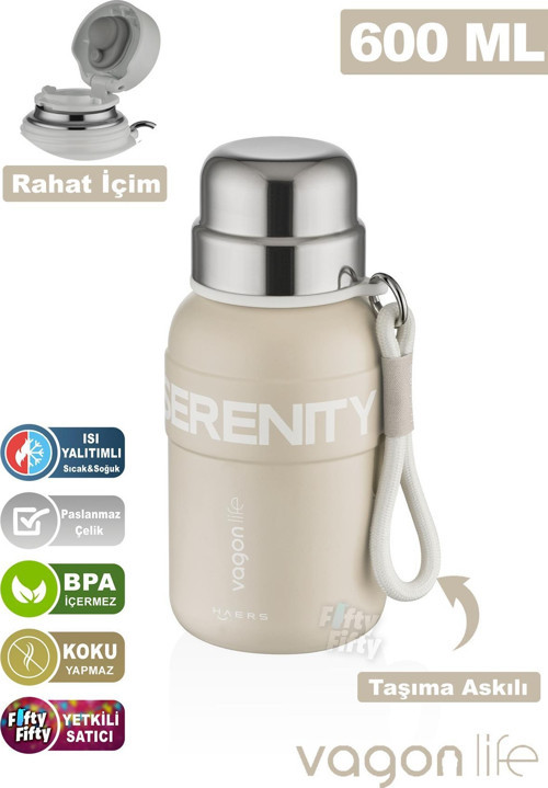 600 ML Paslanmaz Çelik Termos/Su Matarası Rahat İçim-Taşıma Askılı-FF1005-600ml