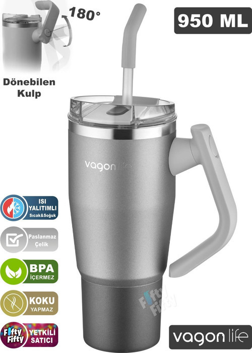 Rotate Handle Tumbler Cup 0.94ML/34oz Pipetli/Rahat İçim Vakumlu Paslanmaz Çelik Termos-FFVGN1007-950ML