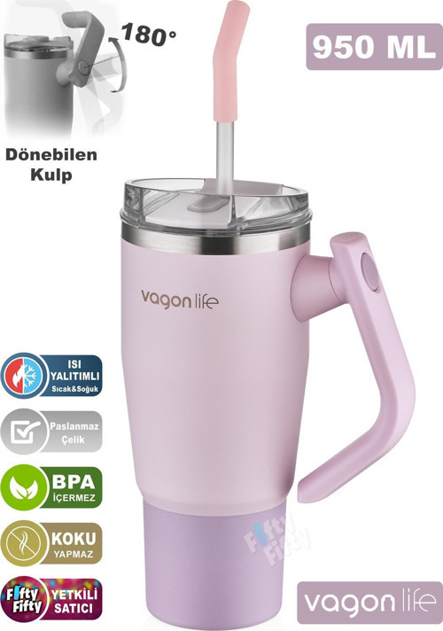 Rotate Handle Tumbler Cup 0.94ML/34oz Pipetli/Rahat İçim Vakumlu Paslanmaz Çelik Termos-FFVGN1007-950ML