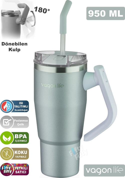 Rotate Handle Tumbler Cup 0.94ML/34oz Pipetli/Rahat İçim Vakumlu Paslanmaz Çelik Termos-FFVGN1007-950ML