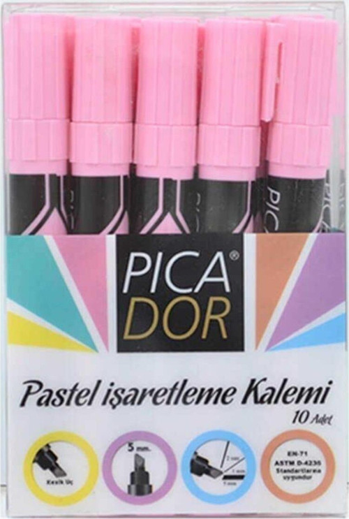 Picatack Fosforlu Kalem Pastel Pembe Işaretleme Kalemi (10 Lu Paket)