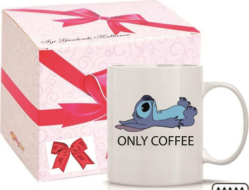 Kişiye Özel Coffee Stitch Kalp Kulplu Özel Süblimasyon Kaliteli Baskılı Porselen Kupa Bardak Düz Kulp