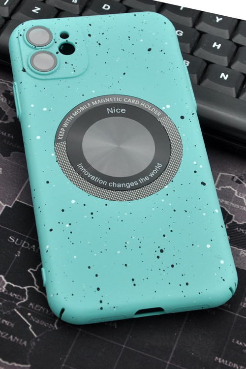 iPhone 11 Uyumlu Mint Yeşil Benekli Desenli İnce Sert Kapak Kılıf Kamera Lens Korumalı