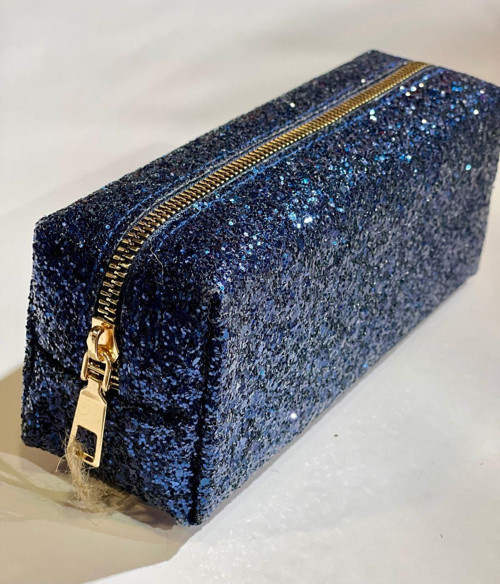 Premium Simli Renkli Çanta Okul Kalemlik Makyaj Çantası Fermuarlı Plaj El Çantası 20x9x6 cm Lacivert