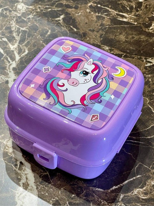 Unicorn Lisanslı Lila 3 Bölmeli Kaşık Çatalı Çocuk Okul Saklama Kabı Beslenme Kutusu Lila