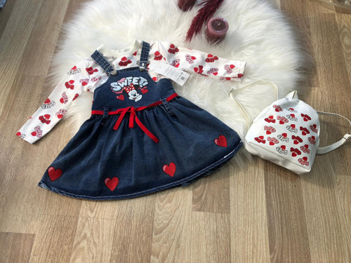 Minnie Desenli Badili Çantalı 3lü Kız Çocuk Ayarlanabilir Askılı Uzun Kollu Kot Jile
