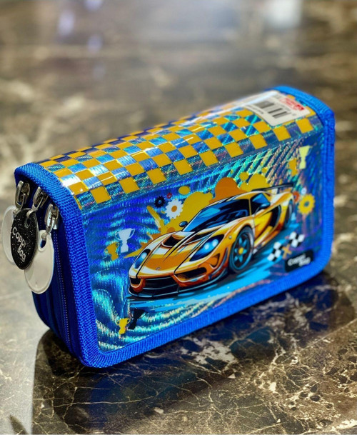 Cappi Bag Mavi Sarı Arabalı Desenli 3 Fermuarlı Bölmeli Erkek Çocuk Okul Kalem Kutusu 19x11x6cm