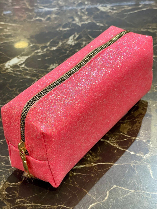 Premium Fuşya Simli Çanta Okul Kalem Kutusu Makyaj Çantası Fermuarlı Plaj El Çantası 20x9x6cm