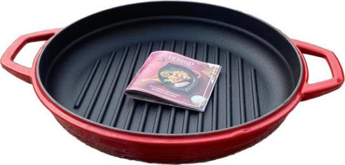 28 cm Yuvarlak Demir Döküm Grill Tava Çift Kulplu Kırmızı