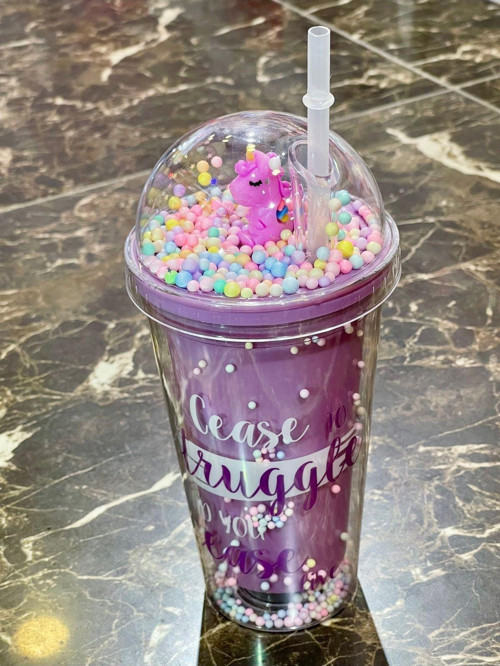 Unicorn Köpük Boncuk Kapaklı Figürlü Çift Katman Mika Matara Pipetli Suluk Mor 450ml