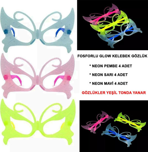 Fosforlu Kelebek Model Glow Parti Gözlüğü Karanlıkta Yanan Gözlükler 12 Adet (3877)