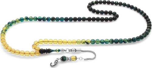 925 Ayar Gümüş Püsküllü Küre Kesim Süzme Mavi-Beyaz Ateş Kehribar 99luk Tesbih