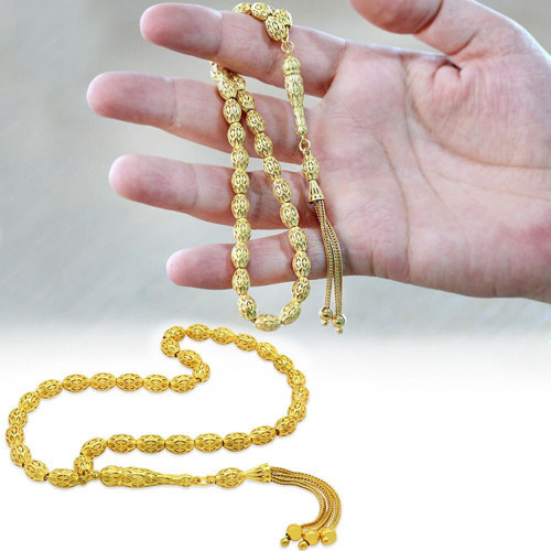 Üçlü Kamçı Püsküllü Petek Tasarım Arpa Kesim Gold Renk 925 Ayar Gümüş Tesbih
