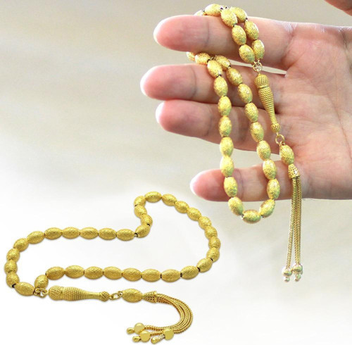Üçlü Kamçı Püsküllü Greek Tasarım Arpa Kesim Gold Renk 925 Ayar Gümüş Tesbih
