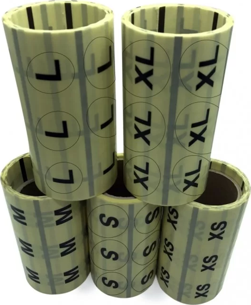 30 MM YUVARLAK ŞEFFAF ÜZERİ BASKILI BEDEN ETİKETİ ( XL) 500 LÜ SARIM